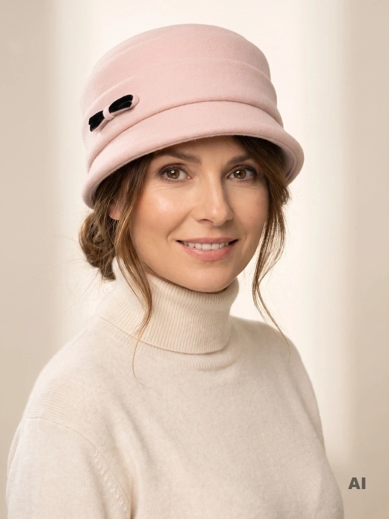 Elegancki beżowy kapelusz damski cloche na jesień – ocieplany model z ozdobną kokardą 42726