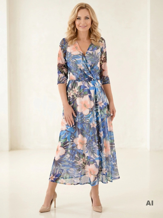 Elegancka rozkloszowana sukienka maxi w kwiaty – wysmuklający kopertowy dekolt i rękaw 3/4 37956