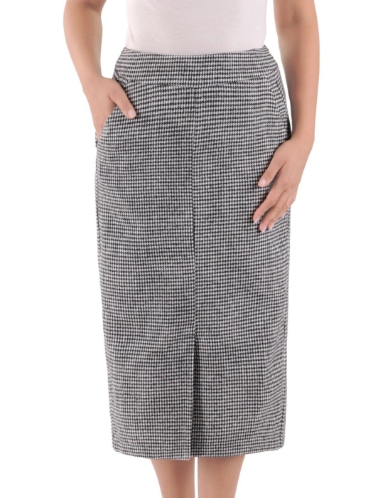 Elegancka spódnica midi w pepitkę na jesień – prosty fason z kobiecym rozcięciem 38665