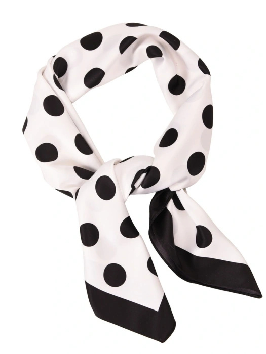 Biała apaszka w czarne grochy z lamówką – elegancki akcent w paryskim stylu do biznesowych zestawień 41185
