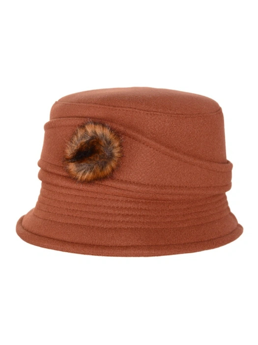 Ciepły kapelusz damski cloche w kolorze rudym – z wywiniętym rondem i ozdobną wstawką 42360