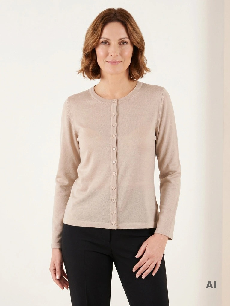 Elegancki sweter damski rozpinany w odcieniu beżowym – prosty fason z miękkiej dzianiny na chłodne dni 39246