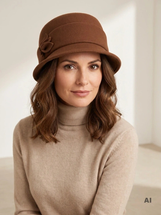 Elegancki kapelusz zimowy damski cloche brązowy – ciepły fason z regulacją obwodu 42408