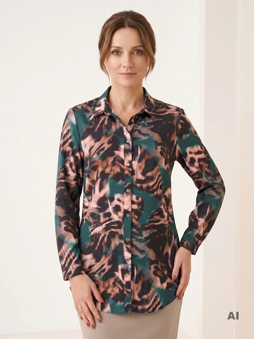 Elegancka koszula damska w zwierzęcy print, butelkowa zieleń – prosty fason z kołnierzykiem na co dzień 37373
