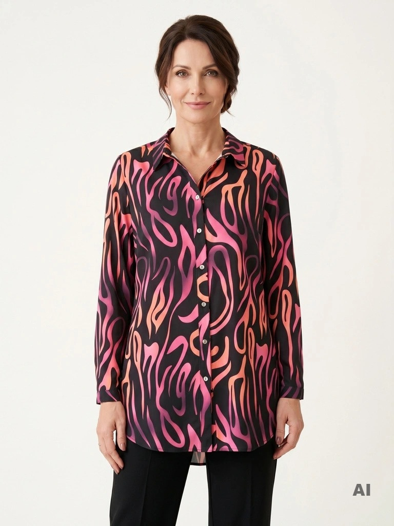 Czarna koszula damska we wzory z długim rękawem – prosty fason z rozcięciami maskujący biodra 37318