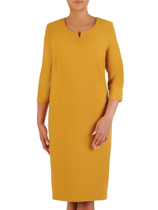 Żółta sukienka z modnym dekoltem, nowoczesna kreacja wizytowa 21069