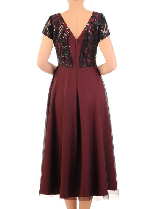 Bordowa sukienka z ozdobną, koronkową górą 30803