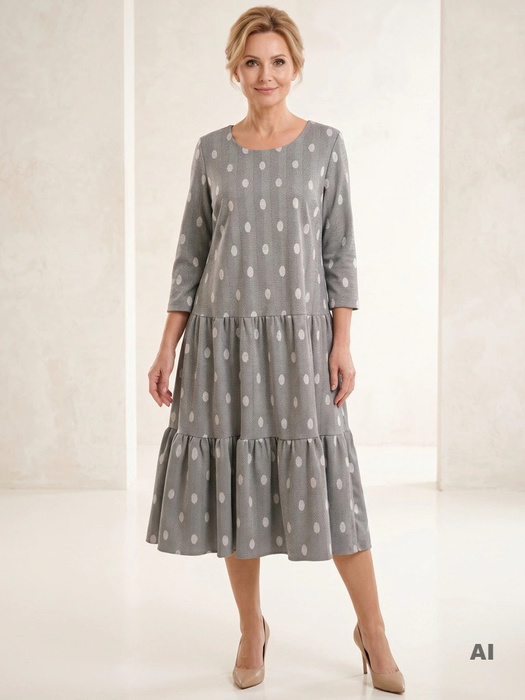 Szara sukienka rozkloszowana maxi w grochy – stylowy model z rękawem 3/4 tuszujący biodra 31249