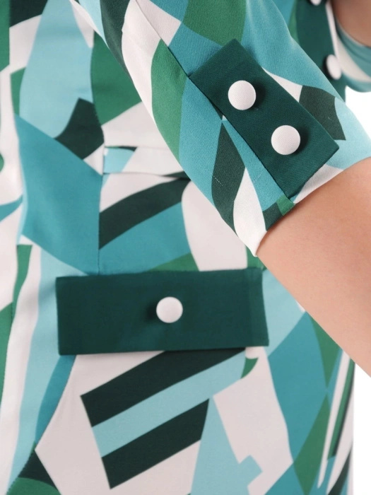 Zielona sukienka midi w geometryczny print – tuszujący prosty krój z ozdobnymi patkami 35505