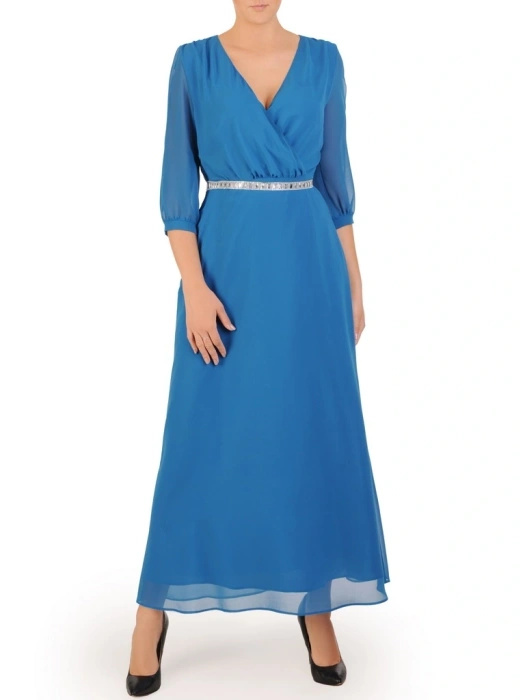 Elegancka suknia wieczorowa maxi w odcieniu morskim – kopertowy fason z bufiastym rękawem 30707
