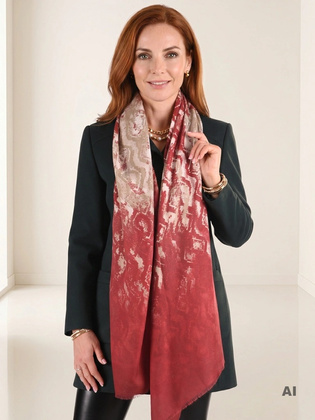 Czerwony szal damski we wzór zwierzęcy z frędzlami – miękki model optycznie wydłużający sylwetkę 40728