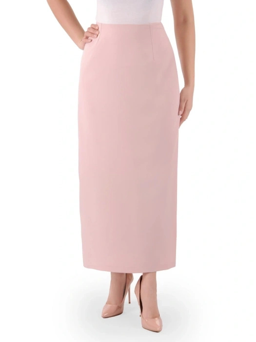 Elegancki kostium damski na wesele maxi – prosty fason w pudrowym różu z rozcięciem 39263