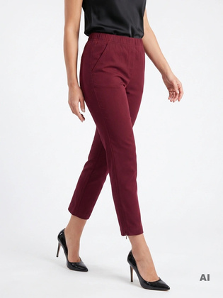 Eleganckie bordowe spodnie damskie dopasowane 7/8 z zamkami – idealne do biura i na lato plus size 34873