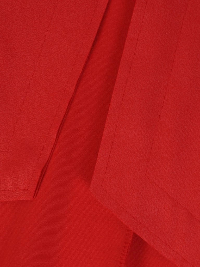 Elegancki czerwony żakiet damski do sukienki – luźny krój z ozdobnym kołnierzem i zamkami 23645