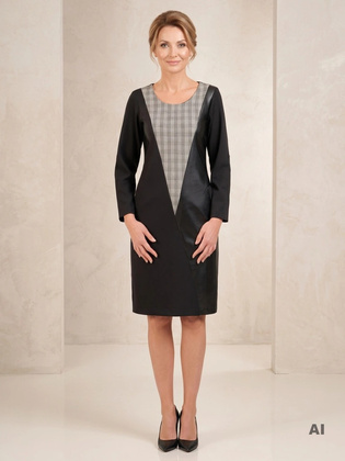 Elegancka sukienka w kratkę z rękawem 3/4 – prosty fason z kieszeniami do biura 30812