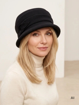 Elegancki kapelusz cloche czarny z ozdobną wstawką – modny model damski z krótkim rondem i regulacją obwodu 40911