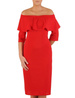 Elegancka sukienka z dekoltem carmen, czerwona kreacja odsłaniająca ramiona 22428