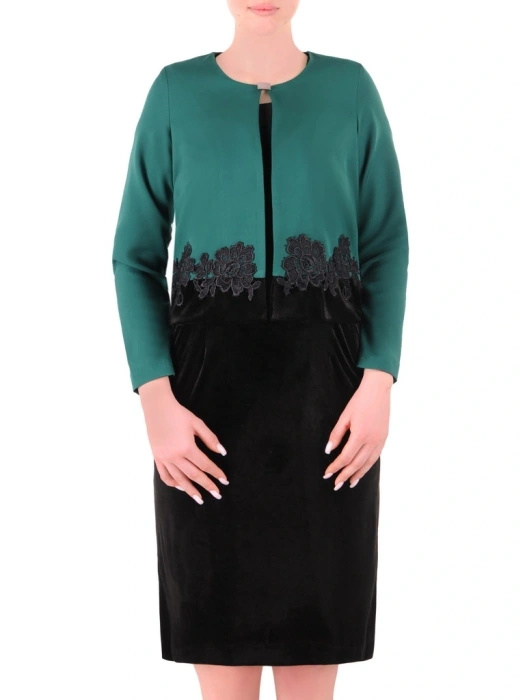 Elegancka garsonka damska z sukienką w butelkowej zieleni i czerni – prosty fason z odpinaną broszką 35007