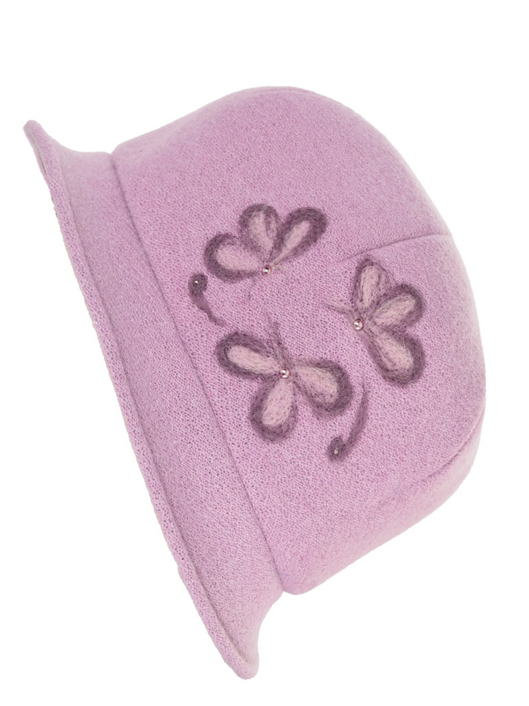 Fioletowy kapelusz damski cloche – ocieplany model z efektownym kwiatem 42371