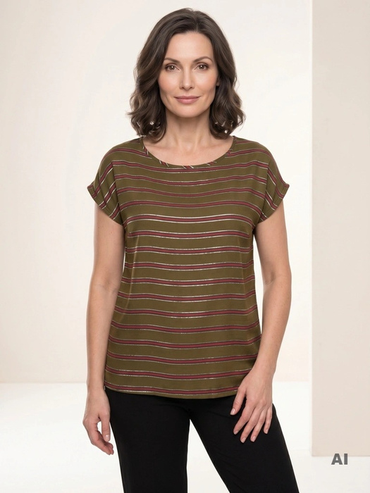 Elegancka bluzka wiskozowa w paski khaki – prosty fason ze srebrną nitką 41443