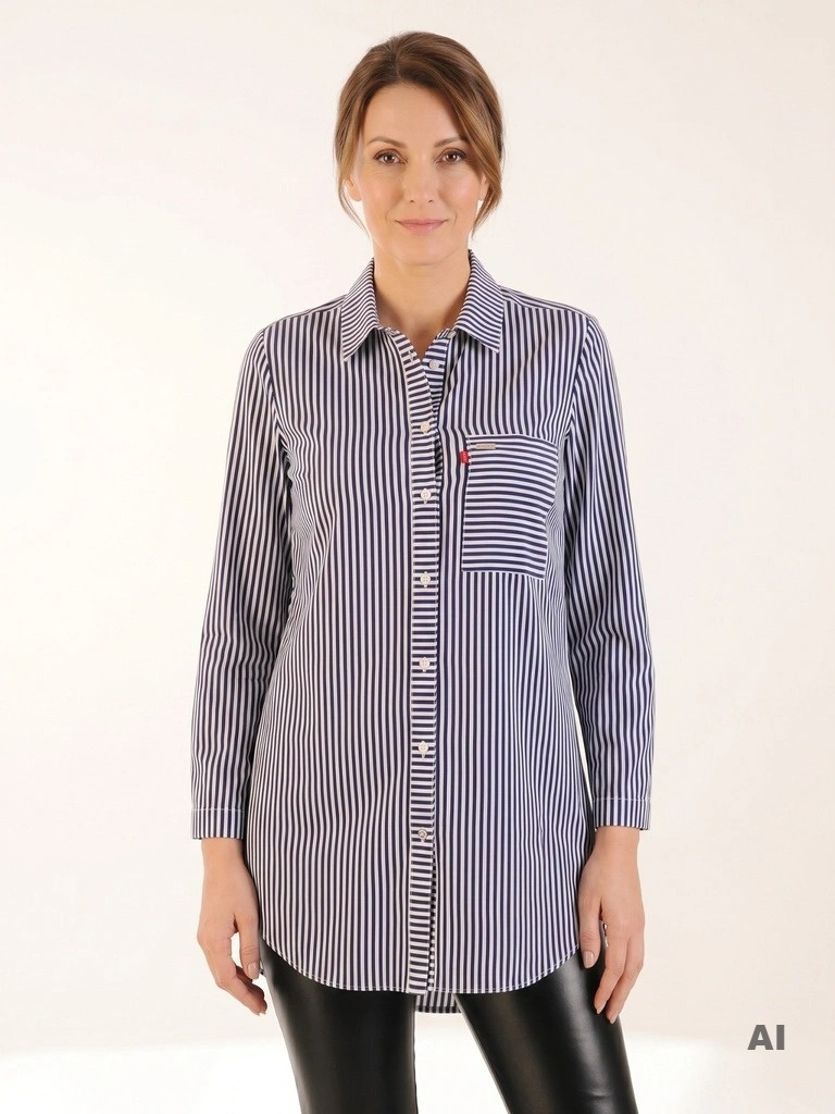 Elegancka koszula damska w granatowo-białe paski – prosty fason z kołnierzykiem do pracy 34736