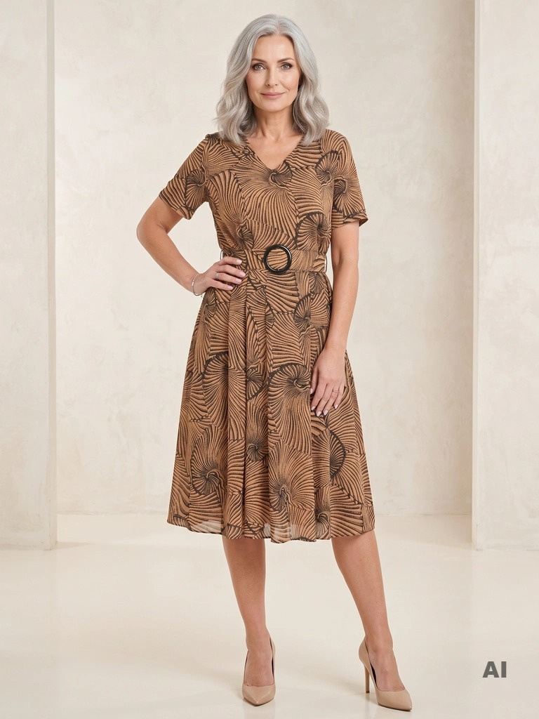 Elegancka rozkloszowana sukienka midi w zwierzęcy print – fason modelujący talię z dekoltem V 33255