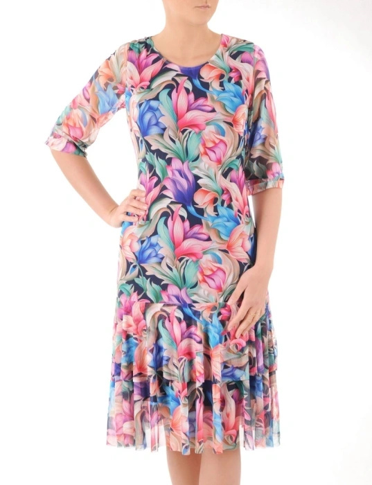 Elegancka sukienka trapezowa midi w kwiaty – wygodny krój z falbanami tuszujący biodra 38364