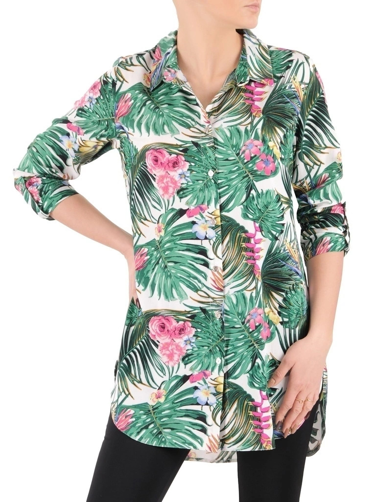 Bawełniana koszula damska w kolorowe kwiaty – prosty fason z rozcięciami po bokach 37547