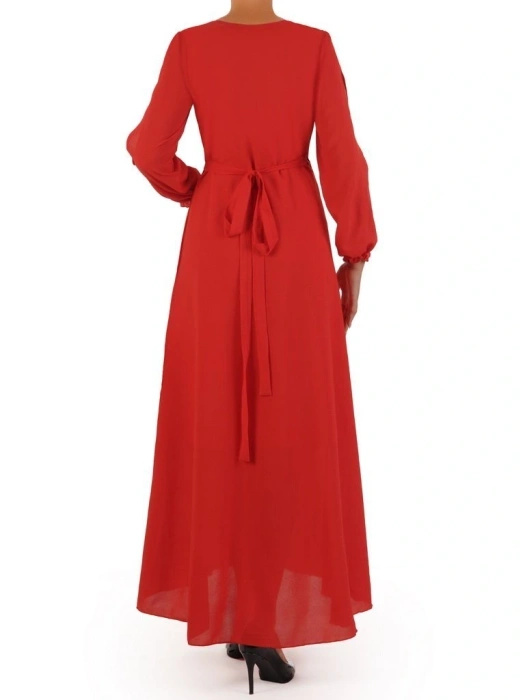 Czerwona sukienka maxi z kopertowym dekoltem – rozkloszowany fason z rozcięciami na rękawach 31236