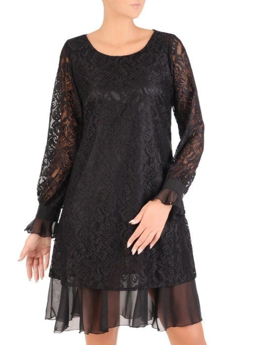 Jesienna czarna sukienka trapezowa w kwiaty – tuszujący biodra fason z długim rękawem 27386