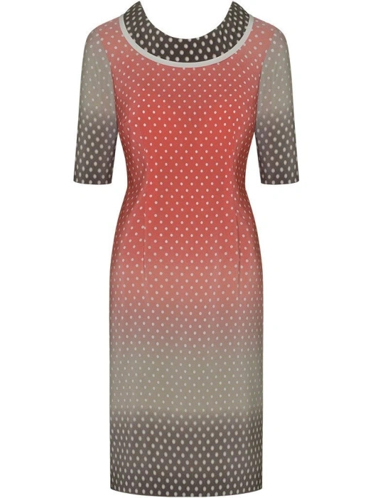 Wizytowa sukienka midi w grochy o prostym kroju – kobiecy fason z ozdobnym kołnierzem 3942