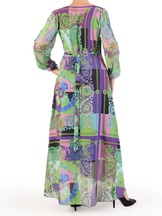 Elegancka sukienka maxi, kreacja z ozdobnymi rozcięciami na rękawach 34526
