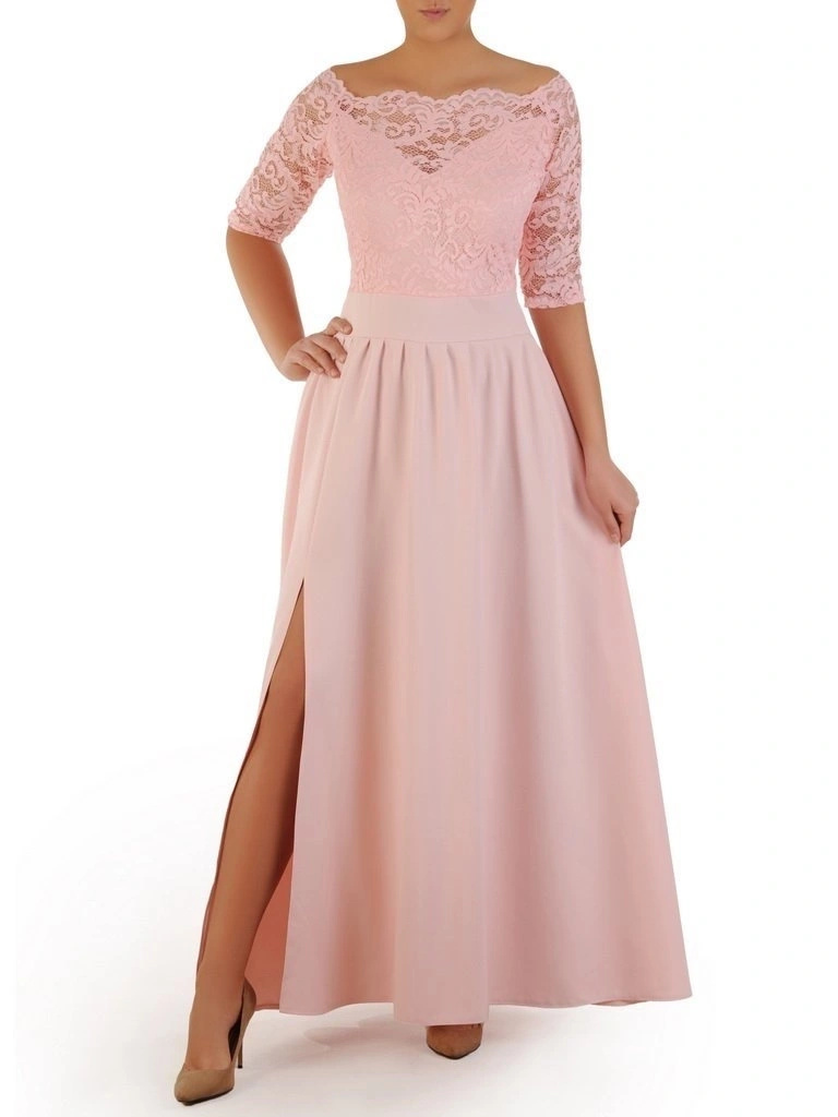 Elegancka suknia wieczorowa w pudrowym różu maxi – rozkloszowany fason z efektownym rozcięciem 22924