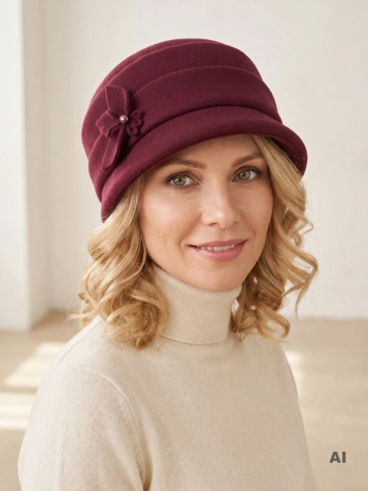 Elegancki kapelusz damski zimowy cloche w kolorze buraczkowym – fason z regulacją i ciepłą podszewką 42431