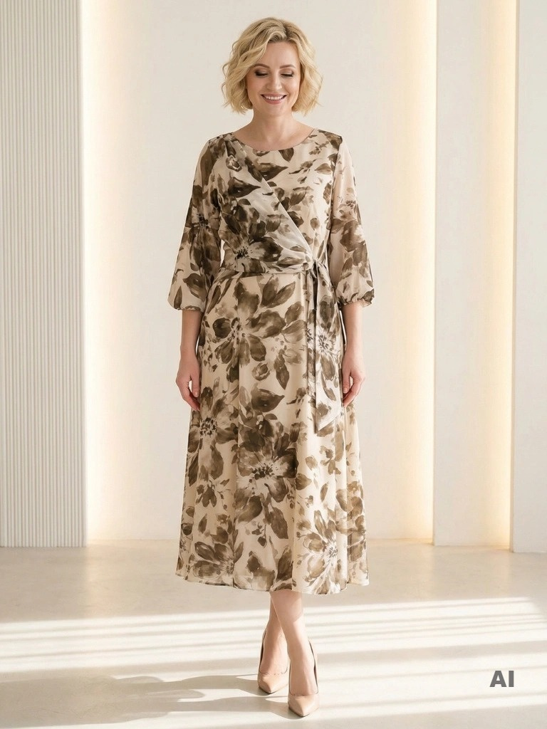 Damska sukienka maxi w jesienne kwiaty khaki – rozkloszowany fason tuszujący biodra 41299