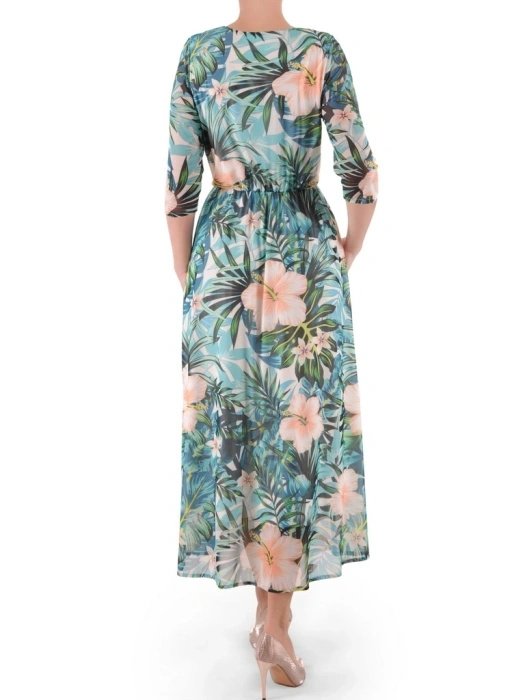 Elegancka zielona sukienka maxi rozkloszowana w kwiaty – wygodna gumka w pasie podkreślająca talię 37957