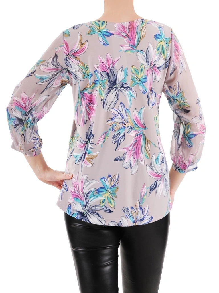 Elegancka szara bluzka wizytowa w kwiaty – prosty fason z szyfonowym detalem 35896