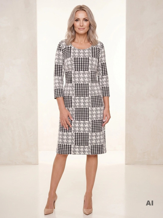 Elegancka sukienka dzianinowa midi w pepitkę – prosty krój z rękawem 3/4 do pracy 36562