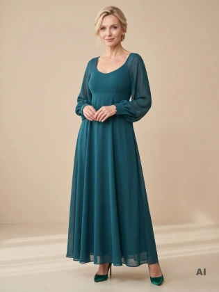 Morska sukienka wieczorowa trapezowa maxi – elegancki krój subtelnie tuszujący biodra 42296