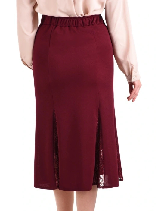 Elegancka bordowa spódnica trapezowa midi – elastyczny pas wysmuklający biodra i koronka 41616