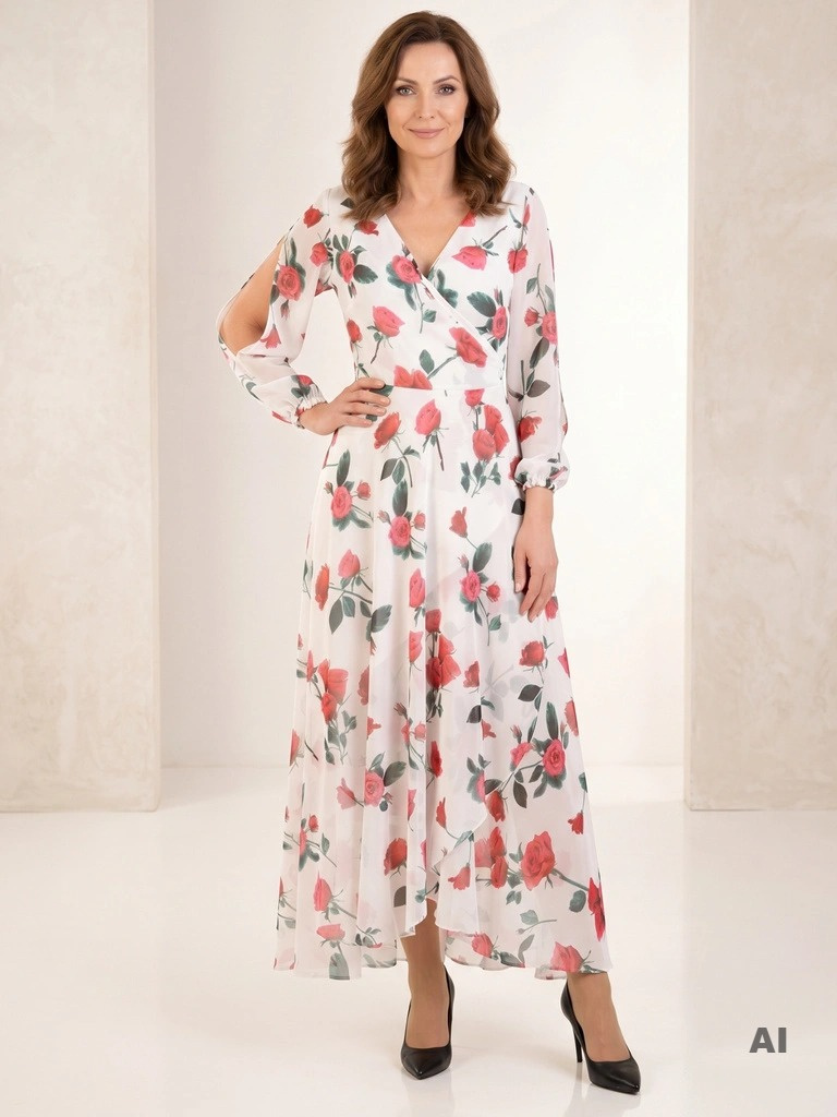 Elegancka sukienka rozkloszowana maxi w kwiaty – kopertowy przód i wiązanie modelujące talię 29996