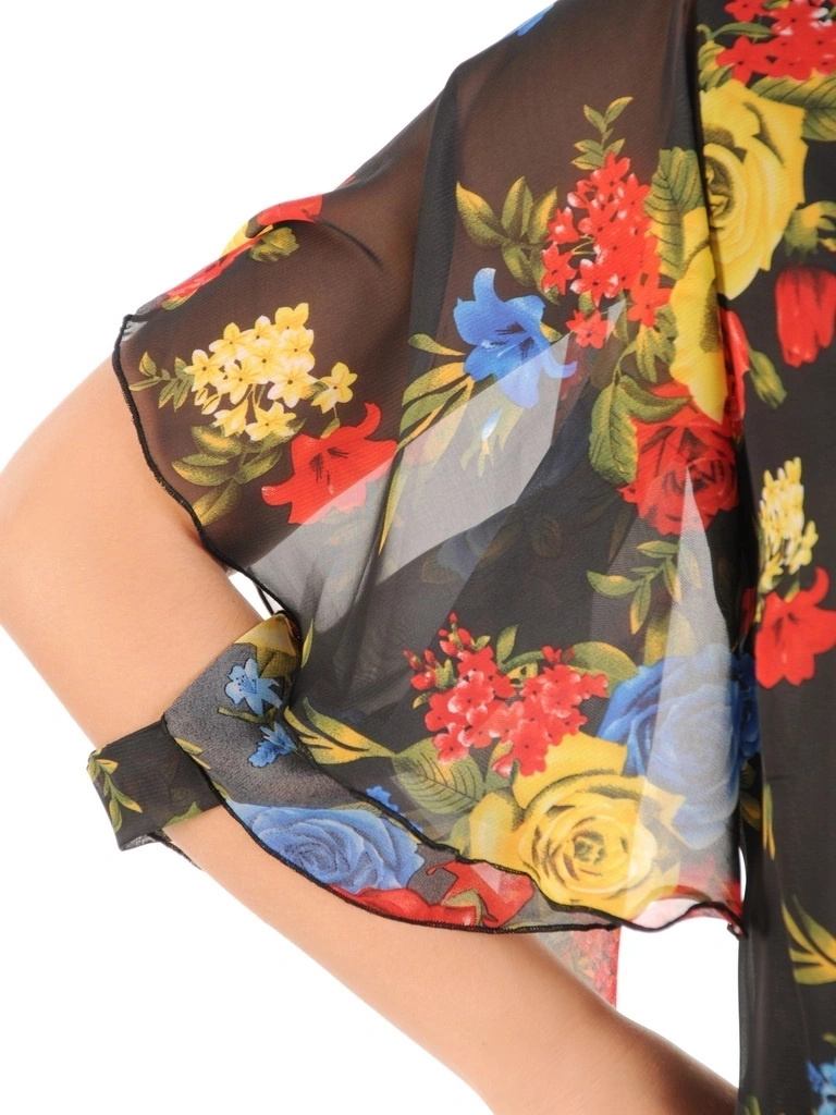 Elegancka sukienka trapezowa w kwiaty z falbaną – swobodny fason z rękawem 3/4 do pracy i na co dzień 33749