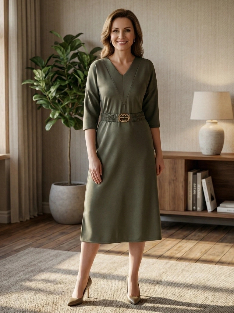 Elegancka sukienka khaki trapezowa z paskiem i rękawem 3/4 – swobodny krój midi z bocznymi rozcięciami 39476