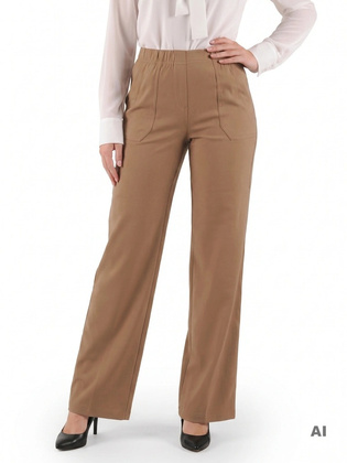 Eleganckie beżowe spodnie wide leg z wysokim stanem – komfortowe i modelujące sylwetkę plus size 39197