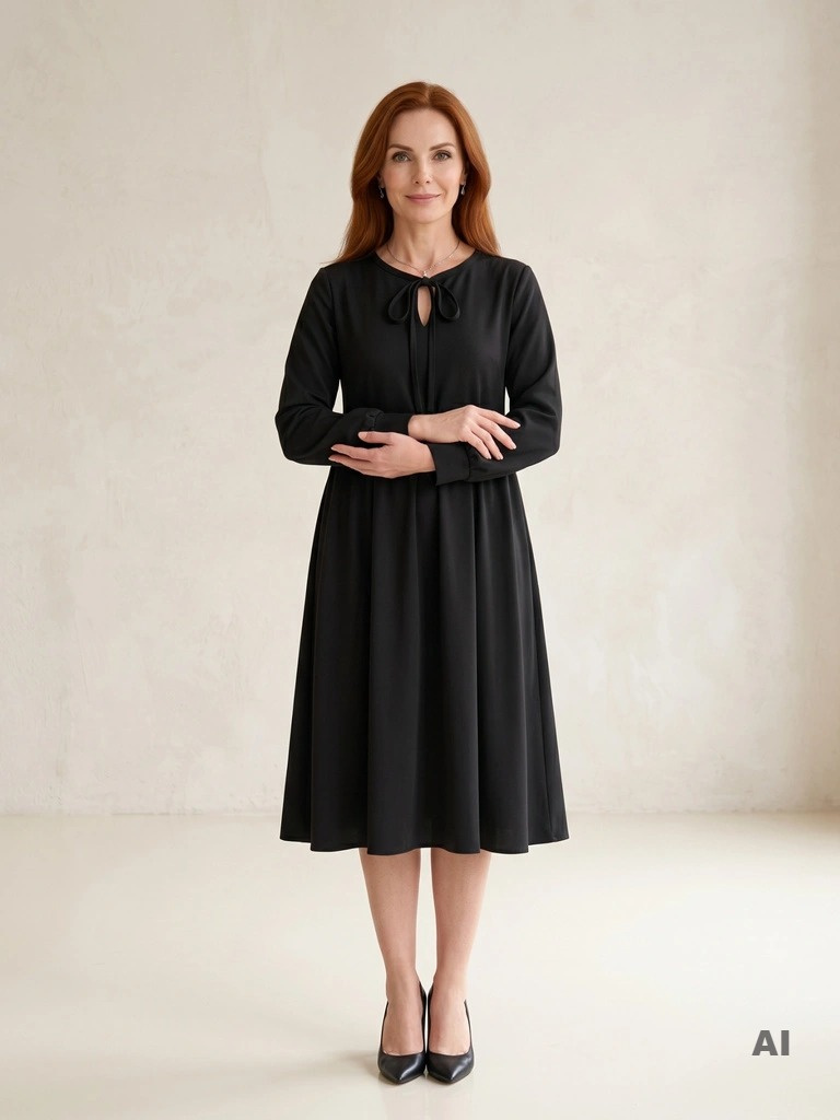Czarna sukienka wizytowa midi rozkloszowana – subtelne wiązanie przy dekolcie i mankiety 32396