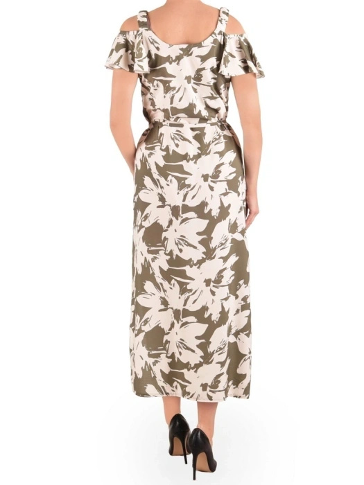 Elegancka sukienka trapezowa maxi w kwiaty khaki – wiskozowy model z paskiem modelującym talię 42085