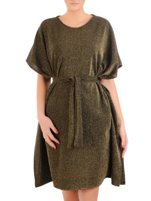 Elegancka sukienka mini oversize w złote paski – kimonowy fason z wiązaniem w talii 31398