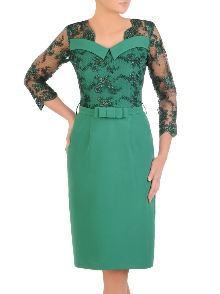Zielona sukienka midi na wesele o prostym fasonie – pasek z kokardą akcentuje talię 32457