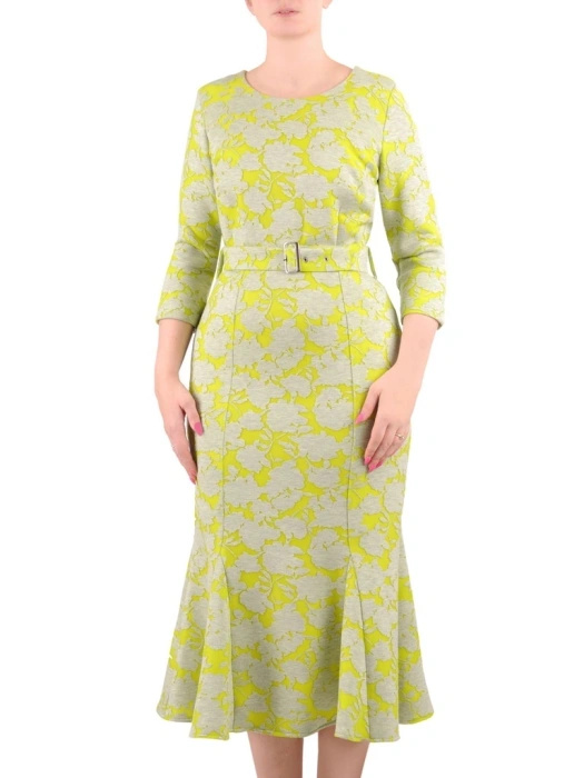 Szaro-limonkowa sukienka midi syrenka z godetami – pasek akcentujący talię i elegancki krój 35183