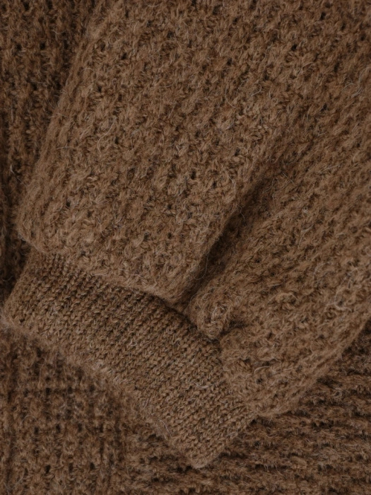 Elegancki sweter damski rozpinany beżowy – prosty fason z bufiastymi rękawami 42176